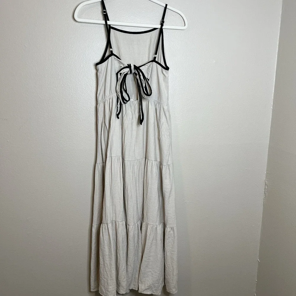 Blue Pepper Cream Contrast Tiered Dress L Boho Minimalist Sundress Cottage - Picture 5 of 8